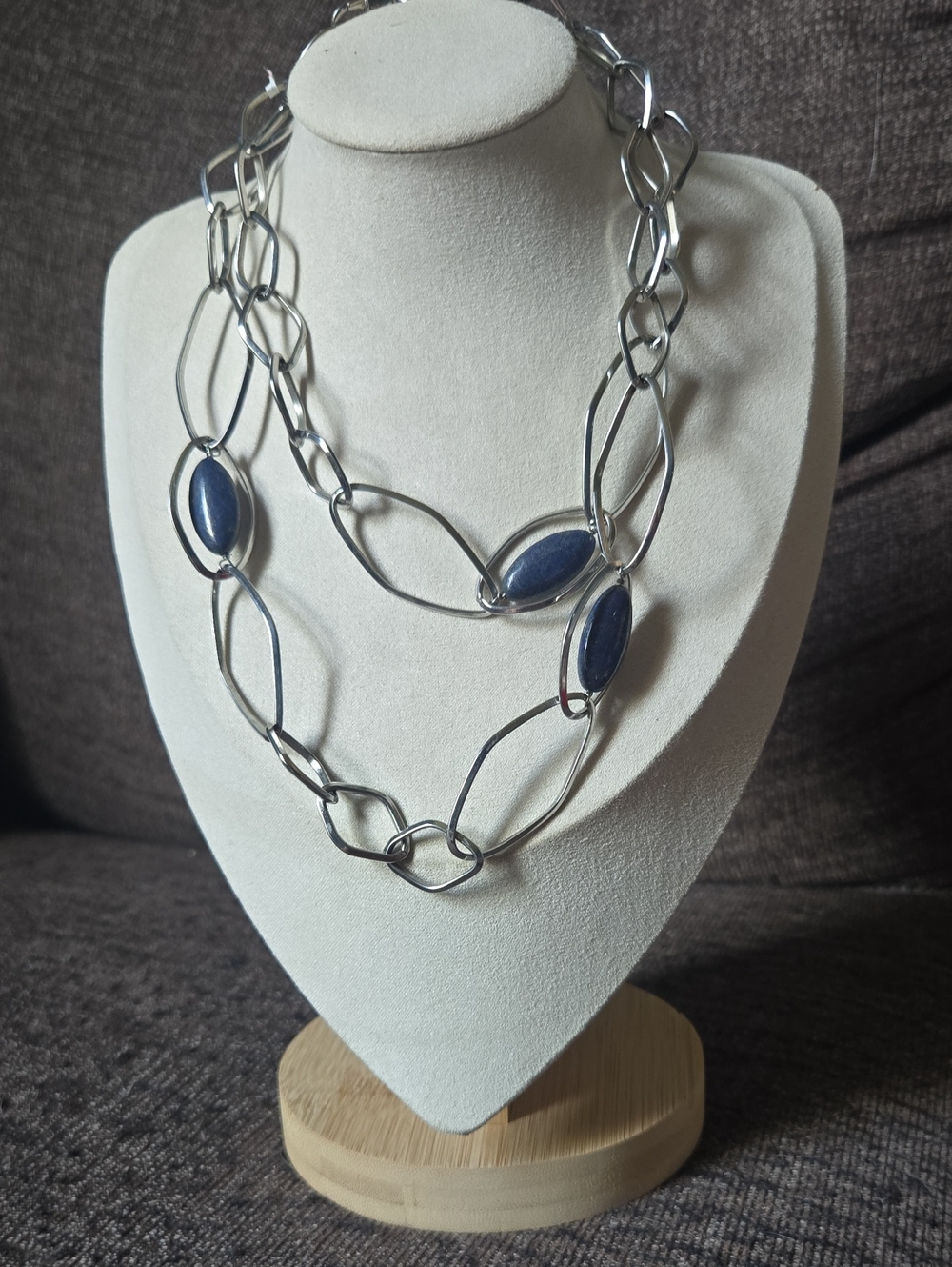 Vintage Simona Collini Italy Stainless Steel Long  Necklace Sodalite Accents